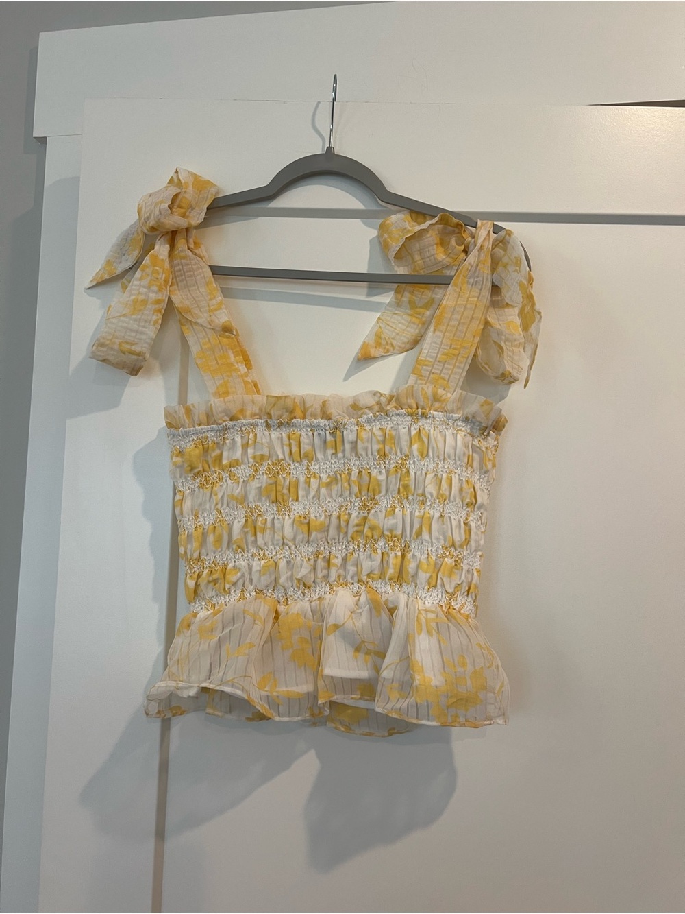 En Saison Yellow and Cream Smocked Tie-ShoulderTop